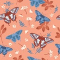 Vector seamless pattern with bright butterflies. Hand drawn texture design