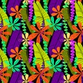 Vector seamless pattern with bright drawn tropical leaves various shape and color. Mainmalistic flat botanical wallpaper