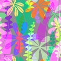 Vector seamless pattern with bright drawn tropical leaves various shape and color. Mainmalistic flat botanical wallpaper