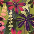 Vector seamless pattern with bright drawn tropical leaves various shape and color. Minimalistic flat botanical wallpaper