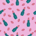 Vector seamless pattern with bright juicy lips red and lipstick