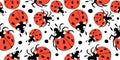 Vector seamless pattern of bright red ladybugs of different sizes. Nature-themed background and texture