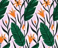 Vector seamless pattern with bright tropical flowers and palm leaf.