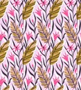 Vector seamless pattern with bright tropical flowers and palm leaf. Royalty Free Stock Photo