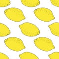 Vector seamless pattern of bright yellow yellow lemons with a black outline drawn in the sketch style, on a white background. Royalty Free Stock Photo