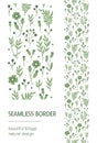 Vector seamless pattern brush with green leaves, berries, flowers on white background. Floral border ornament.