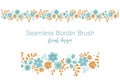 Vector seamless pattern brush of green leaves with orange and blue flowers on white background. Floral border ornament. Trendy Royalty Free Stock Photo