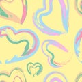 Vector seamless pattern with brush sketchy colorful hearts on yellow backdrop.