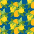 Vector seamless pattern with bunch of lemons with foliage on blue background. Texture with hand drawn flat citrus fruits with Royalty Free Stock Photo