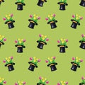 Vector seamless pattern with bunches of tulips standing in a stovepipe hat