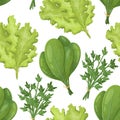 Vector seamless pattern with bundles of greenery. Fresh, healthy lettuce salad, spinach and parsley. Natural vegetarian food grown