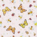 Vector seamless pattern with butterflies, bees and ladybirds on pastel background. Royalty Free Stock Photo