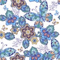 Vector seamless pattern of butterflies and flowers in blue and green colors. Decorative ornament backdrop for fabric, textile