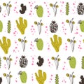 Vector seamless pattern with cactus, branches, floral & abstract elements isolated on white background. Royalty Free Stock Photo
