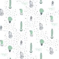 Vector seamless pattern with cactus in pots and dots elements isolated on white background. Royalty Free Stock Photo