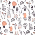 Vector seamless pattern with cactus, succulent, aloe, branches, floral elements arrangements isolated on white background. Royalty Free Stock Photo