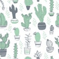 Vector seamless pattern with cactus, succulent, aloe, branches, floral elements isolated on white background. Hand drawn sketch st Royalty Free Stock Photo