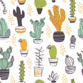 Vector seamless pattern with cactus, succulent, aloe, branches, floral elements isolated on white background. Royalty Free Stock Photo