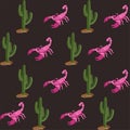 Vector seamless pattern with cactuses and scorpions on dark background. Royalty Free Stock Photo