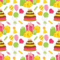 Vector Seamless Pattern with Cake, Balloons, Sweets and Gift Boxes. Royalty Free Stock Photo