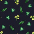 Yellow flowers, leaves, twigs on a black background - vector seamless pattern. Ornament for fabric, plastic, paper and ceramics