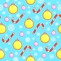 Vector seamless pattern. Candy canes and xmas toys balls. Christmas wrapping paper design. White snowflakes on blue Royalty Free Stock Photo