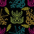 Vector seamless pattern with carnival masks, drum, feathers and notes music on black background. Royalty Free Stock Photo