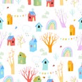 Seamless Pattern with Cartoon Blossom Trees and Colorful Houses