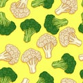 Vector Seamless Pattern of Cartoon Cauliflower and Broccoli