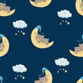 Vector seamless pattern cartoon cute bear boy sleeping on the moon and clouds with stars Royalty Free Stock Photo