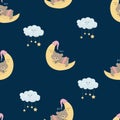 Vector seamless pattern cartoon cute bear girl sleeping on the moon and clouds with stars Royalty Free Stock Photo