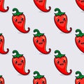 Vector Seamless Pattern with Cartoon Cute and Funny Red Hot Chili Peppers. Kawaii Style. Fresh Chili Hot Pepper with Royalty Free Stock Photo
