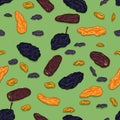Vector Seamless Pattern of Cartoon Dried Fruits on Green Background