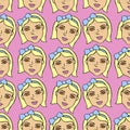 Vector Seamless pattern with cartoon face girl or woman with bow. Hand drawn heads of kids people Royalty Free Stock Photo