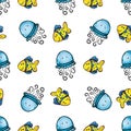 Vector seamless pattern of cartoon hand drawn sea animals, fishes, underwater plants. Perfect for textile print, baby