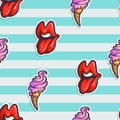 Vector seamless pattern with cartoon ice cream and lips with to Royalty Free Stock Photo