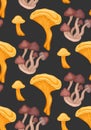 Vector seamless pattern with cartoon mushrooms on dark gray background. Autumn drawing of forest chanterelles and honey mushrooms