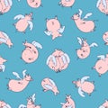 Vector seamless pattern of cartoon pigs angels on blue background Royalty Free Stock Photo
