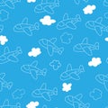 Seamless pattern with cartoon planes and clouds for texture, textiles and simple backgrounds
