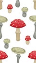 Vector seamless pattern with cartoon poisonous mushrooms on white background. Autumn drawing of forest fly agarics in row. Natural Royalty Free Stock Photo