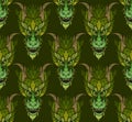Vector seamless pattern with cartoon roaring dragon on green background. Fantasy texture with New Year symbol