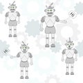 Vector seamless pattern with cartoon robots. Illustration with funny robots and gears. Design for textiles for boys