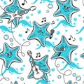 Vector seamless pattern with cartoon sea stars. Royalty Free Stock Photo