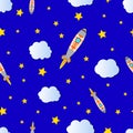 Vector Seamless Pattern: Cartoon Space, Cloudy and Starry Bright Blue Sky. Royalty Free Stock Photo