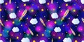 Vector Seamless Pattern: Cartoon Space, Cloudy and Starry Bright Blurry Putple Blue Sky. Royalty Free Stock Photo