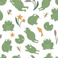 Vector seamless pattern of cartoon style flat funny frogs in different poses with waterlily, dragonfly, mosquito, reed, heron clip