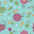 Vector seamless pattern of cartoon style flat funny waterlily, dragonfly, mosquito, reed on blue background. Cute repeat texture