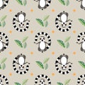 Vector seamless pattern. Cartoon style icon of meditating lemur. Cute character for different design