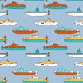Vector seamless pattern with cartoon submarines Royalty Free Stock Photo