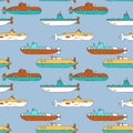 Vector seamless pattern with cartoon submarines Royalty Free Stock Photo
